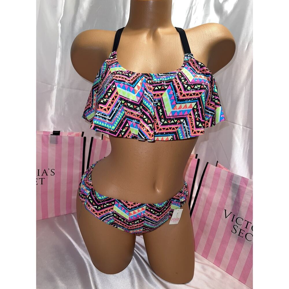 Victorias Secret PINK Swim Suit Flounce Cagey Back Small Neon Aztec Print